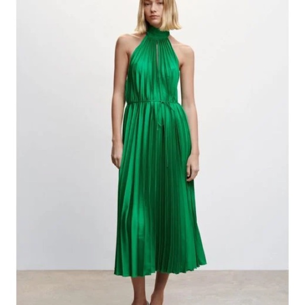 Mango Green Halter Neck Pleated Dress - Medium
